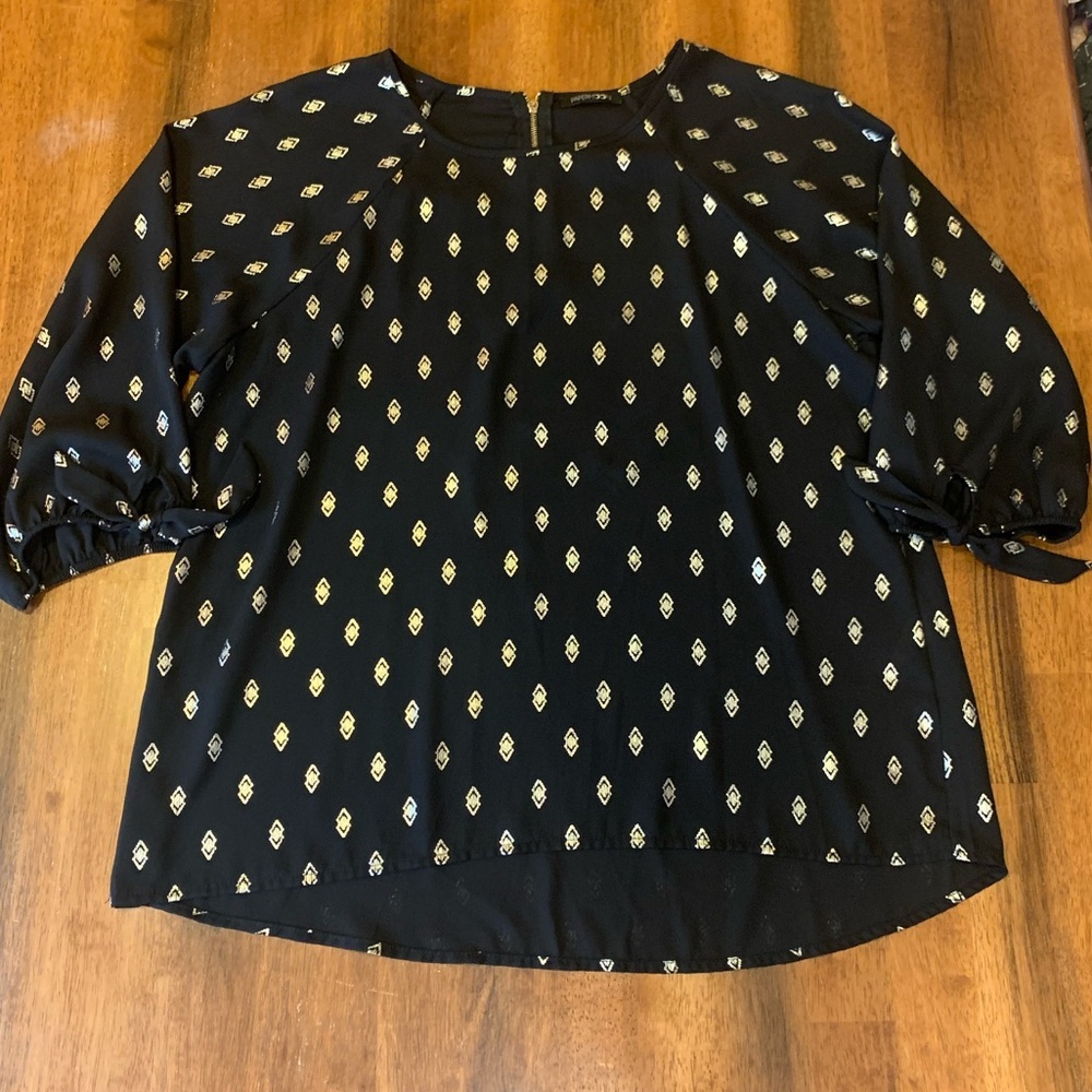 Papermoon Blouse Large Elegant Black Top with Gold Foil Pattern Tie 3/4 Sleeves